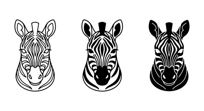 Set of Three Zebra Head Icons, Stylized Animal Portraits, Black and White Vector Graphics for Wildlife Design