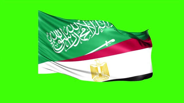 Animated Looping Super Wavy Flag of Egypt and Saudi Arabia Isolated on Green Screen