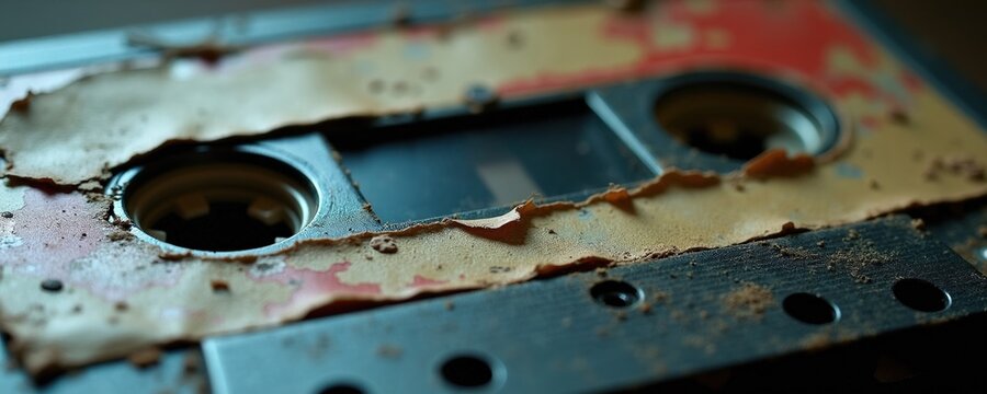 Old worn cassette tape with peeling label and visible dust. Retro audio media, vintage music storage, analog technology relic with grunge texture, abstract background.
