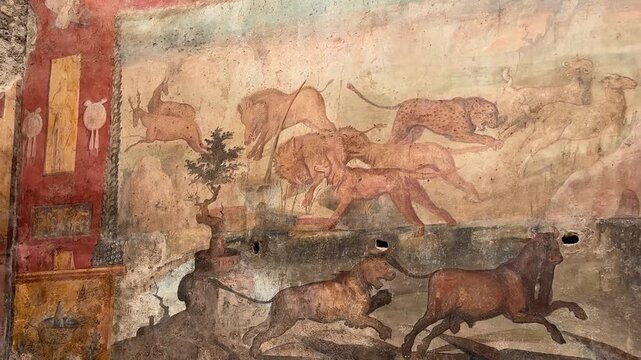 Roman Frescoes on Walls in Pompeii Villa with Ancient Painted Interior Art