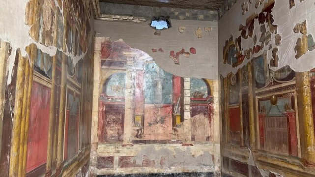 Roman Frescoes on Walls in Pompeii Villa with Ancient Painted Interior Art