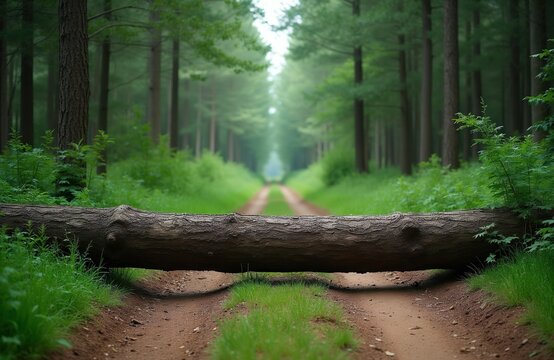 Fallen tree blocks forest path. Dirt road disappears into green woods. Overcome nature obstacle, find new way forward. Adventure journey awaits.