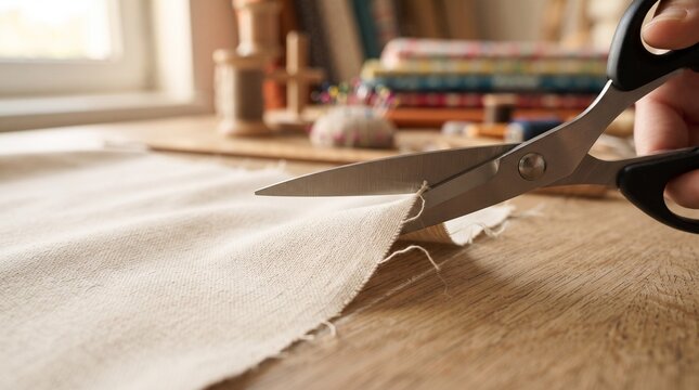 Fabric scissors cutting cotton material on wooden table in crafting workspace  