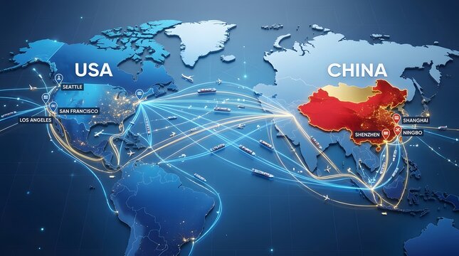 A detailed digital 3d global map illustration showing complex international shipping routes connecting major cities in the united states and china with glowing light lines on a dark blue background.