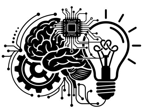 Abstract digital brain innovation concept featuring microchip lightbulb and mechanical gears, innovation