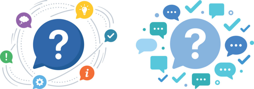 FAQ and Customer Support Chat Bubble Icons with Question Mark Flat Vector Illustration Collection