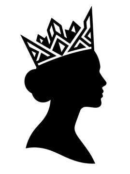 Silhouette profile of a woman wearing an elegant crown with silhouette monarchy princess portrait