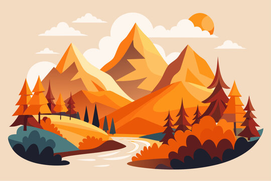 Autumn mountain landscape with river and forest