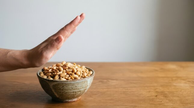 Bowl of peanuts with hand stop gesture for peanut allergy awareness poster and background design emphasizing allergen safety