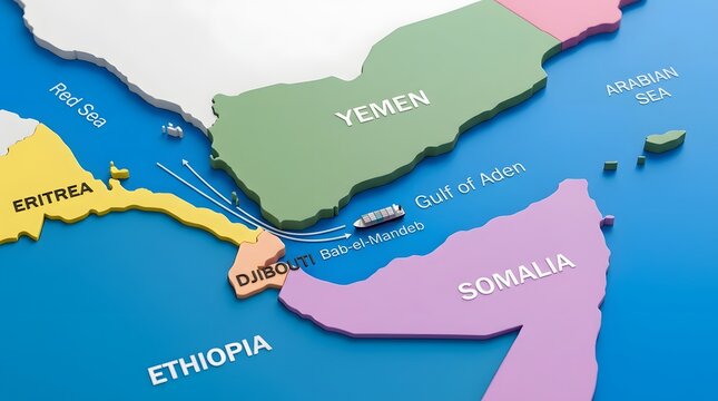 A detailed 3d render of a cargo ship navigating through the narrow Bab-el-Mandeb strait between Yemen and Djibouti featuring vibrant land masses and blue water for global logistics news concepts.