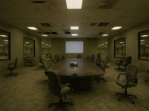 Empty backrooms conference room with long table office chairs stained ceiling framed pictures and foggy yellow light creating an unsettling corporate meeting space with eerie liminal office space
