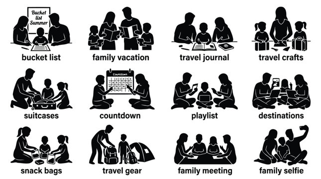 Set of black silhouette icons showing a happy family preparing and planning for a summer vacation