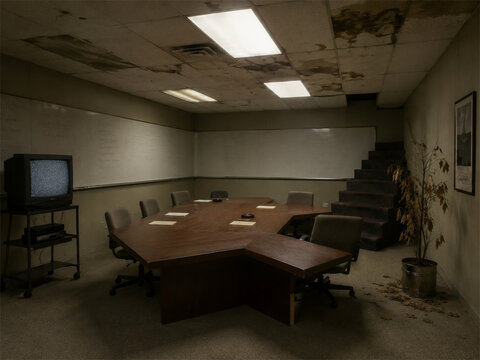 Backrooms conference room with wooden meeting table old television damaged ceiling stairway and dim fluorescent light creating a forgotten corporate interior with institutional decay liminal office 