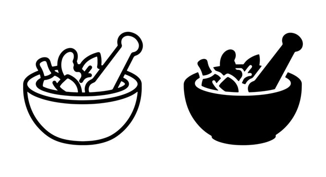 Mortar and Pestle Icons, Herbal Grinding Tools, Kitchen Utensils, Medical Preparation Vector Set