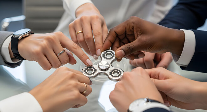 Diverse hands holding fidget spinner teamwork concept