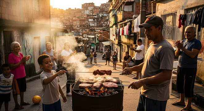 Family and friends enjoy barbecue in favela street