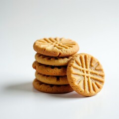 Fototapeta premium Stack of peanut butter cookies on white background. Closeup of round biscuits with classic crisscross pattern. Freshly baked sweet snack for breakfast or dessert.