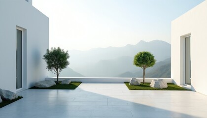 Fototapeta premium Modern minimalist terrace with white walls and geometric trees overlooks misty mountain range. Two small trees and rocks on green lawn patches. Clean outdoor space offers serene valley view.