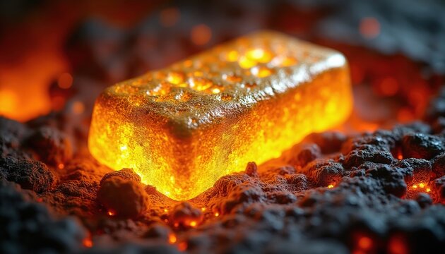 Molten gold bar glows intensely within a fiery furnace. Hot metal on refining, showing extreme heat and industrial process. Pure gold texture emerges from raw material.