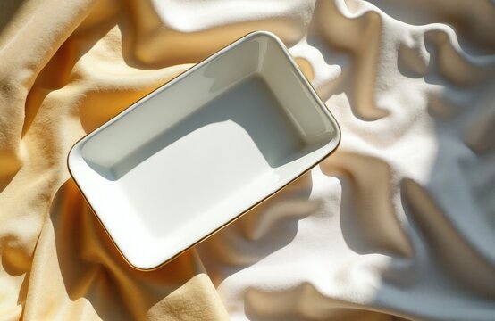 White rectangular dish with gold trim sits on flowing fabric. This elegant serving platter is perfect for snacks or small bites at parties and gatherings, adding a luxurious touch to any event.
