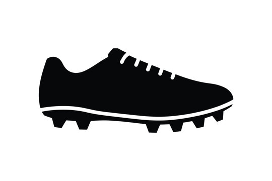 Black isolated silhouette of a professional athletic soccer cleat shoe featuring detailed textured studs for grass traction depicted in a clean minimalist vector graphic design for sports enthusiasts