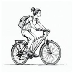 Fototapeta premium Young woman with backpack rides bicycle on white background. She wears casual clothes and sneakers, enjoying outdoor activity, travel, or commuting.