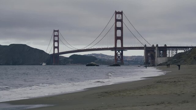 Golden Gate Bridge Sandy Beach Foreground Multiple People Overcast Wide