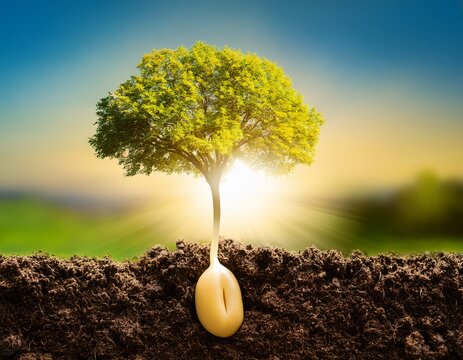 conceptual image of a mustard seed sprouting in soil transforming into a large tree under the sun christian symbolism of faith starting small and growing into greatness