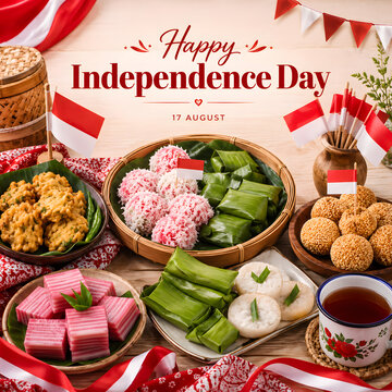 Happy independence day, traditional indonesian snacks, festive table setting.