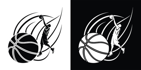 Silhouette of a basketball player performing a powerful slam dunk © Ahsanul