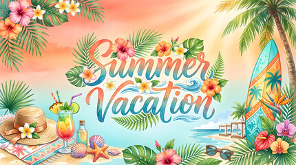 Fototapeta premium Summer vacation paradise tropical beach scene watercolor art with summer time vacation tropical
