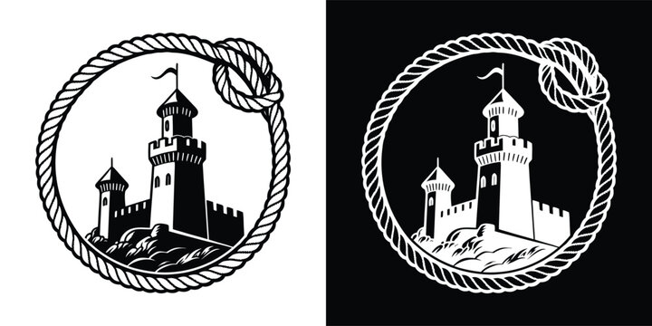 Detailed medieval castle tower illustration inside a decorative circular rope frame