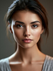 Fototapeta premium confident brunette beauty portrait with natural makeup, elegant female studio headshot with flawless skin, luxury fashion beauty closeup with refined editorial lighting