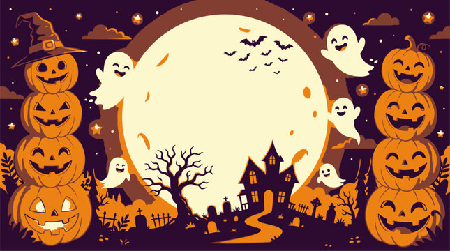 Halloween Halloween night banner with stacked pumpkins and ghosts frame for seasonal event promotion and holiday party invitations