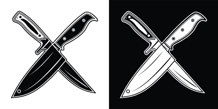 Two sharp crossed kitchen knives in a classic vector style