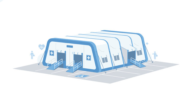Large expandable medical tent facility designed for emergency triage and patient care set up in an open area for public health response.