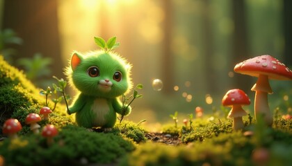 Obraz premium Green furry creature with leaf sprout on mossy forest floor near mushrooms and fireflies. Warm sunlight filters through trees in magical woodland setting. Cute character holds plant branch.