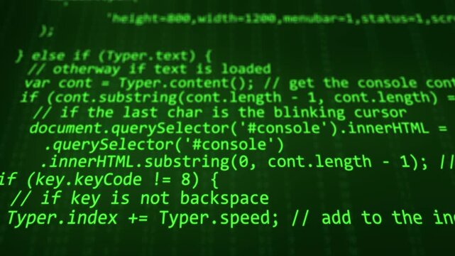 Scrolling green computer programming code on a dark background, representing software development, hacking, cybersecurity, or advanced data processing technology.