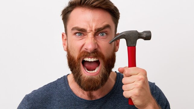 Man with beard screaming and holding a hammer in front of his face