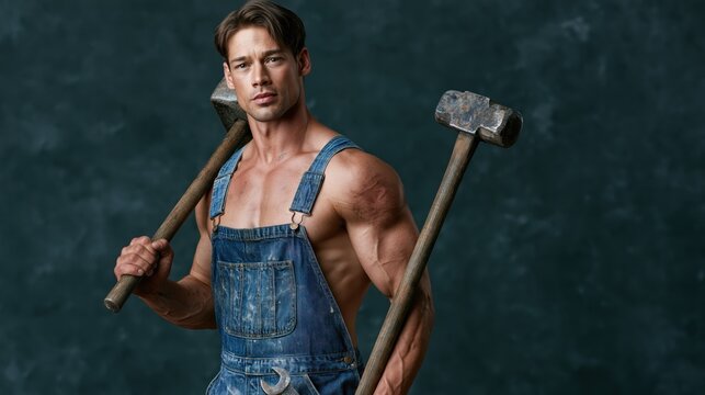 Muscular man in denim overalls holding sledgehammers on dark background