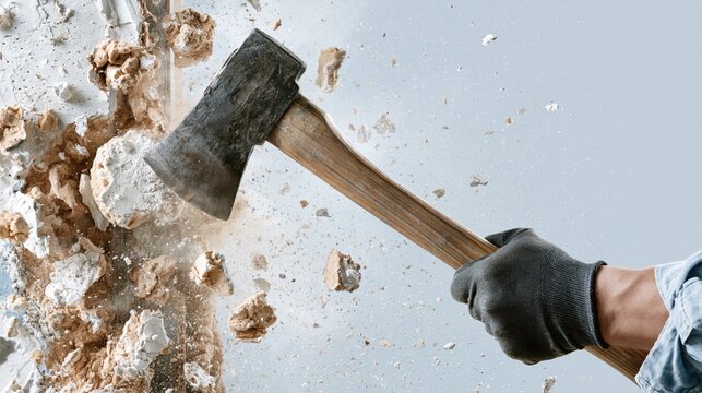 Gloved hand swings axe, smashing plaster and debris into the air