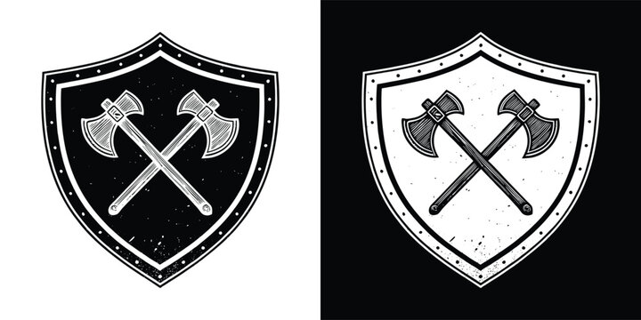 Detailed black and white heraldic shield featuring two crossed axes