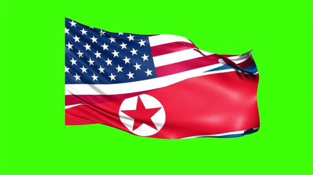 Animated Looping Super Wavy Flag of USA and North Korea Isolated on Green Screen