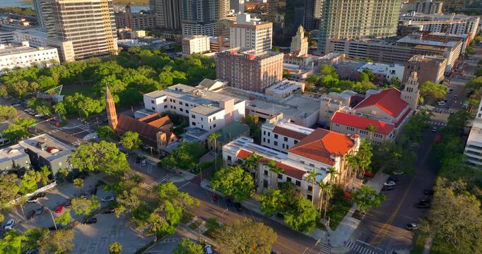 St. Petersburg, Florida, USA. View from above of skyline featuring high-rise condominiums, office buildings and urban parks.