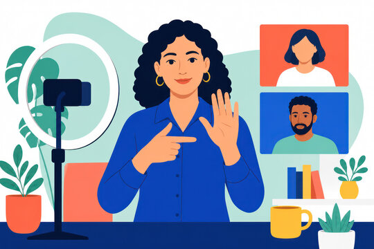 Woman providing video remote interpreting using sign language for online communication with clients
