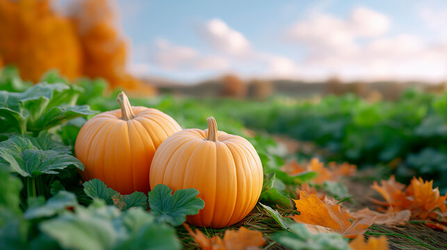 Two ripe orange pumpkins in green foliage patch with scattered golden autumn leaves on ground under a bright blue sky with soft clouds