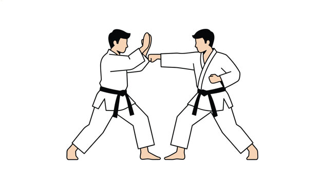Two martial artists in white uniforms with black belts practicing karate sparring moves with a punch and block technique on a clean white background.