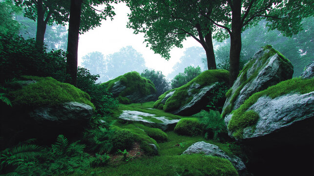 Mystical deep green forest with large rocks covered in thick moss and fern leaves under a foggy morning sky