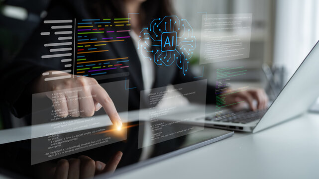 A business professional engages with artificial intelligence technology on a sleek laptop, featuring innovative code and data visualizations in a contemporary office setting. Cyphers
