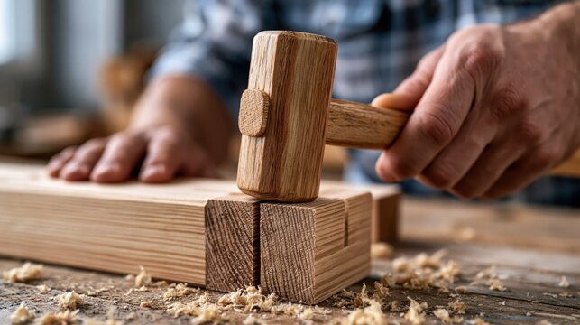 Craftsman meticulously joining wood pieces with a mallet for a perfect fit